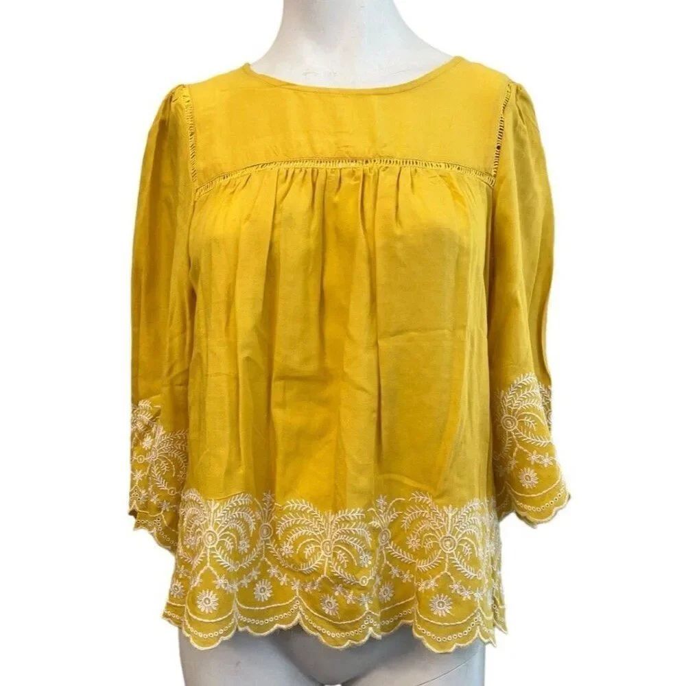 Juniors Small Yellow Smock Top White Lace Embroidered Trim 3/4 Sleeve Blouse NWT